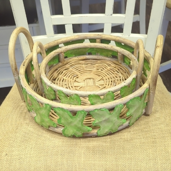 Vintage Wicker Baskets with Metal Green Leaf Accents, Handcrafted In Philippines - Picture 3 of 11